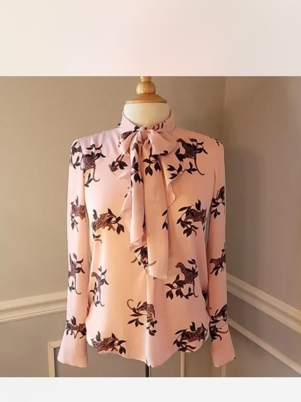 Pink Printed Tie-Neck Blouse leopard pink Ann Taylor large